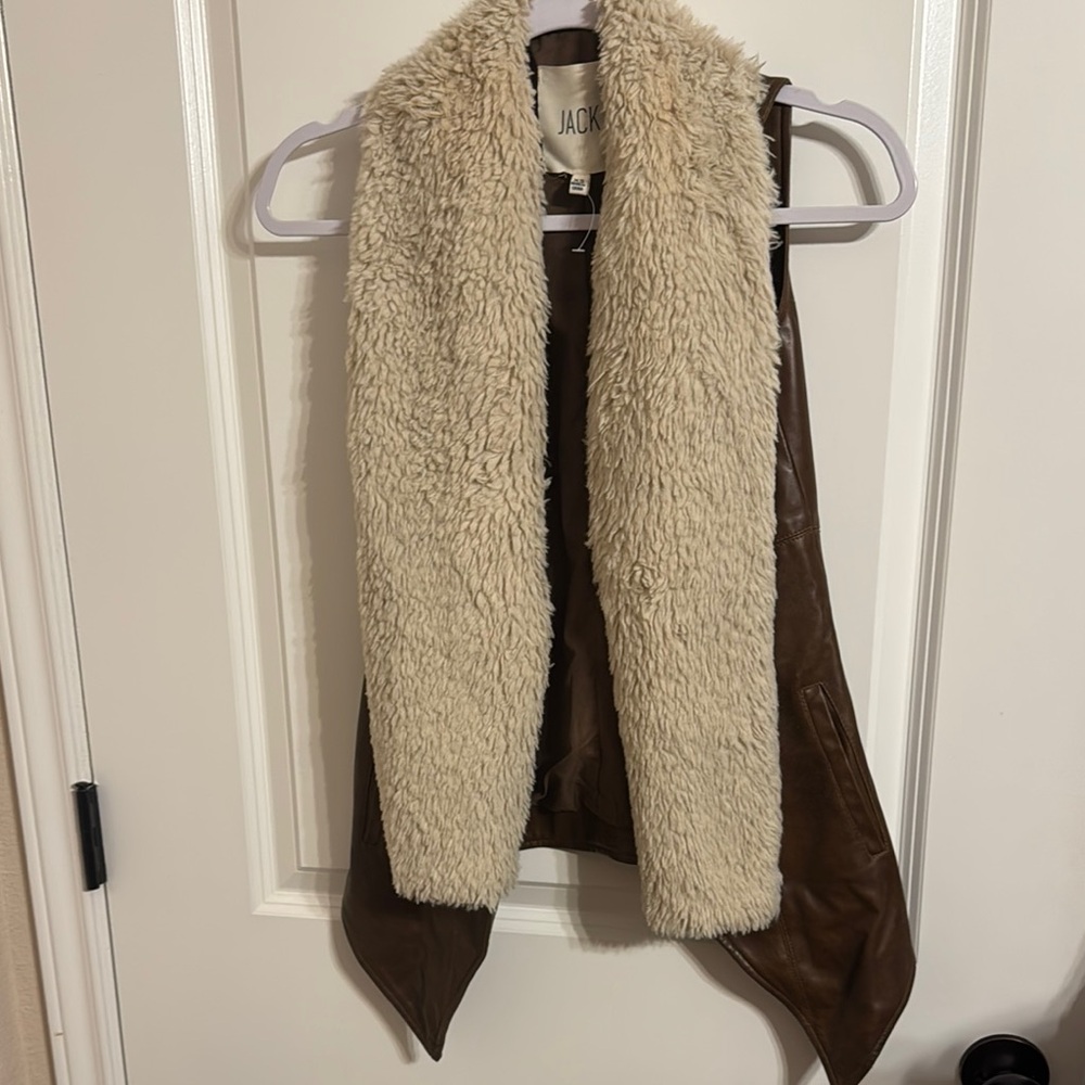 Brown Leather Vest with Cream Faux Fur Trim